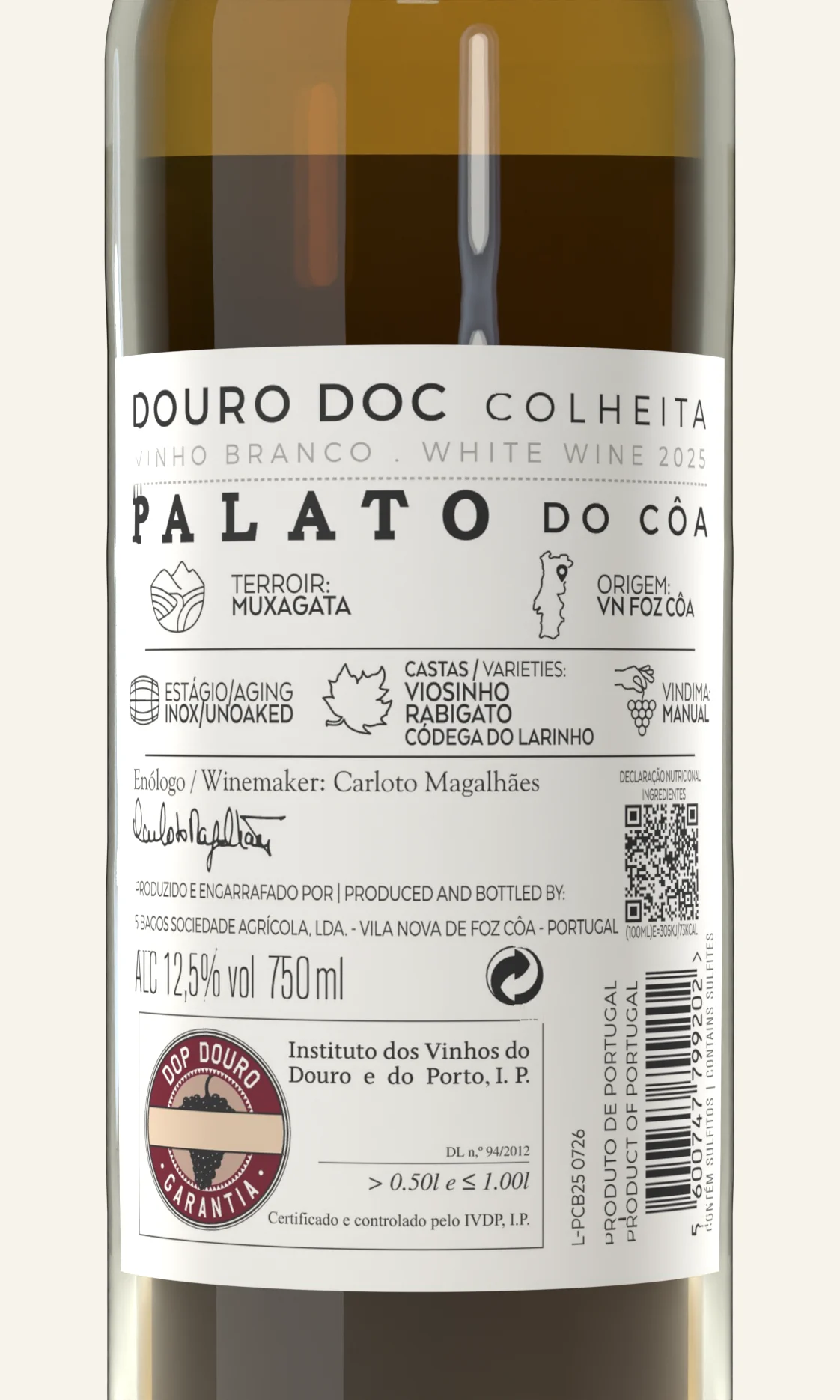 Contra-rótulo do Palato do Côa Colheita Branco, em plano aproximado