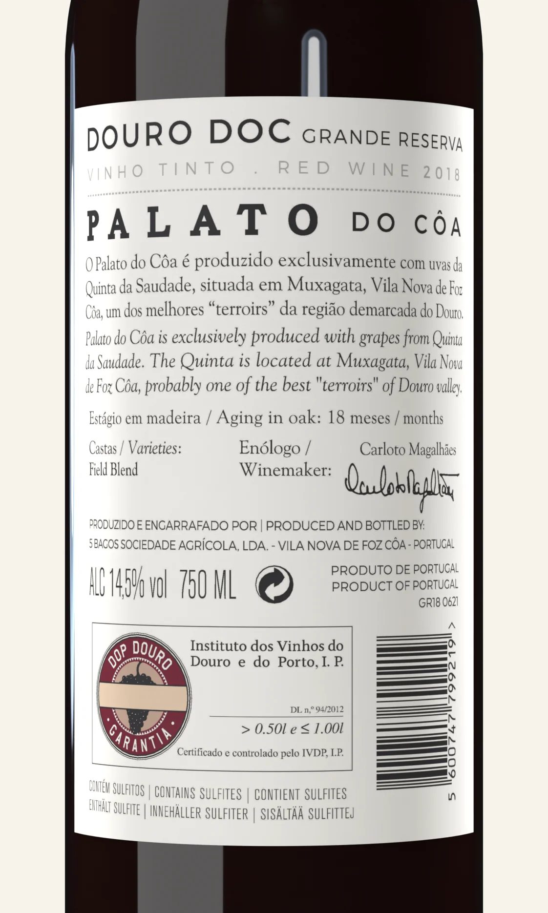 Palato do Côa Grande Reserva back label, close up