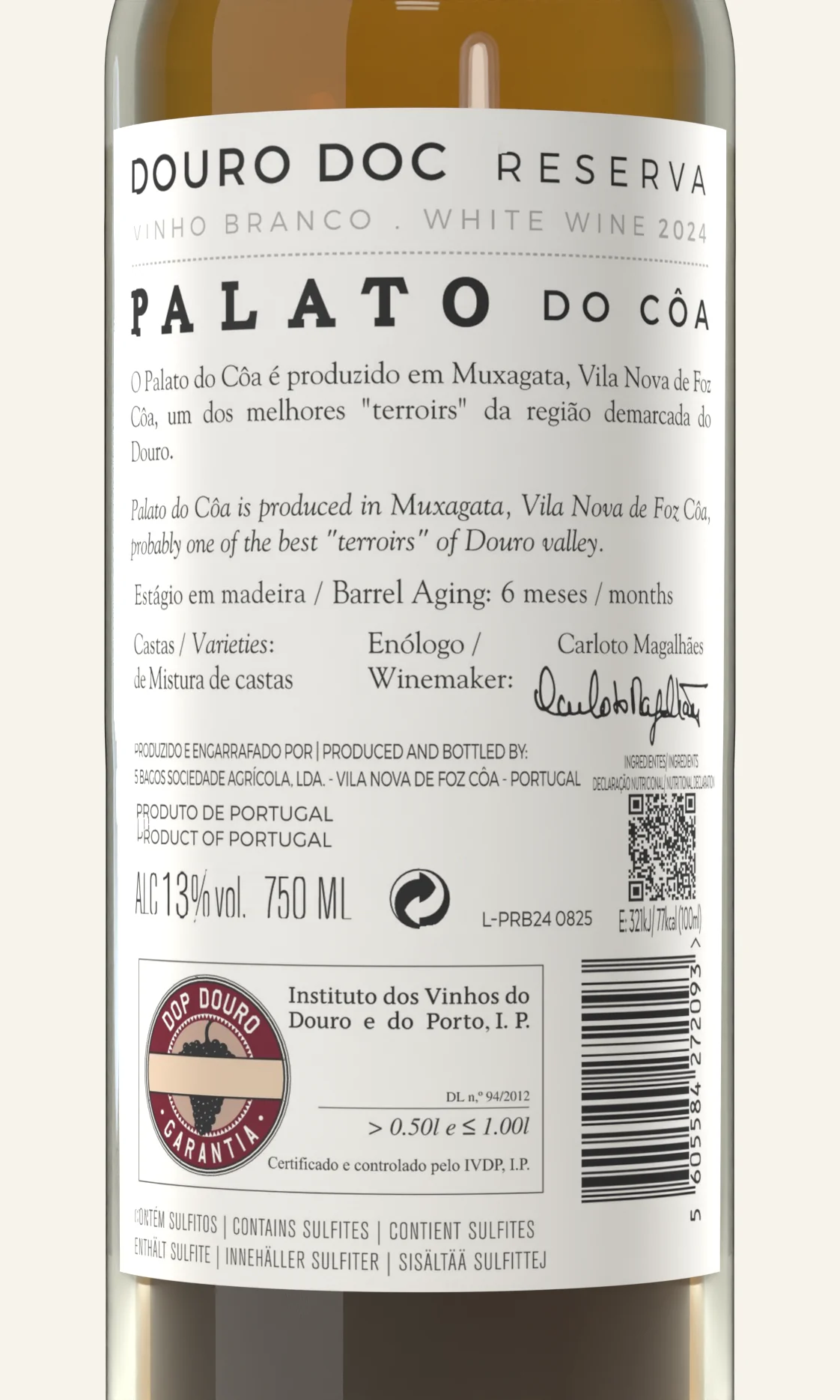 Contra-rótulo do Palato do Côa Reserva Branco, em plano aproximado
