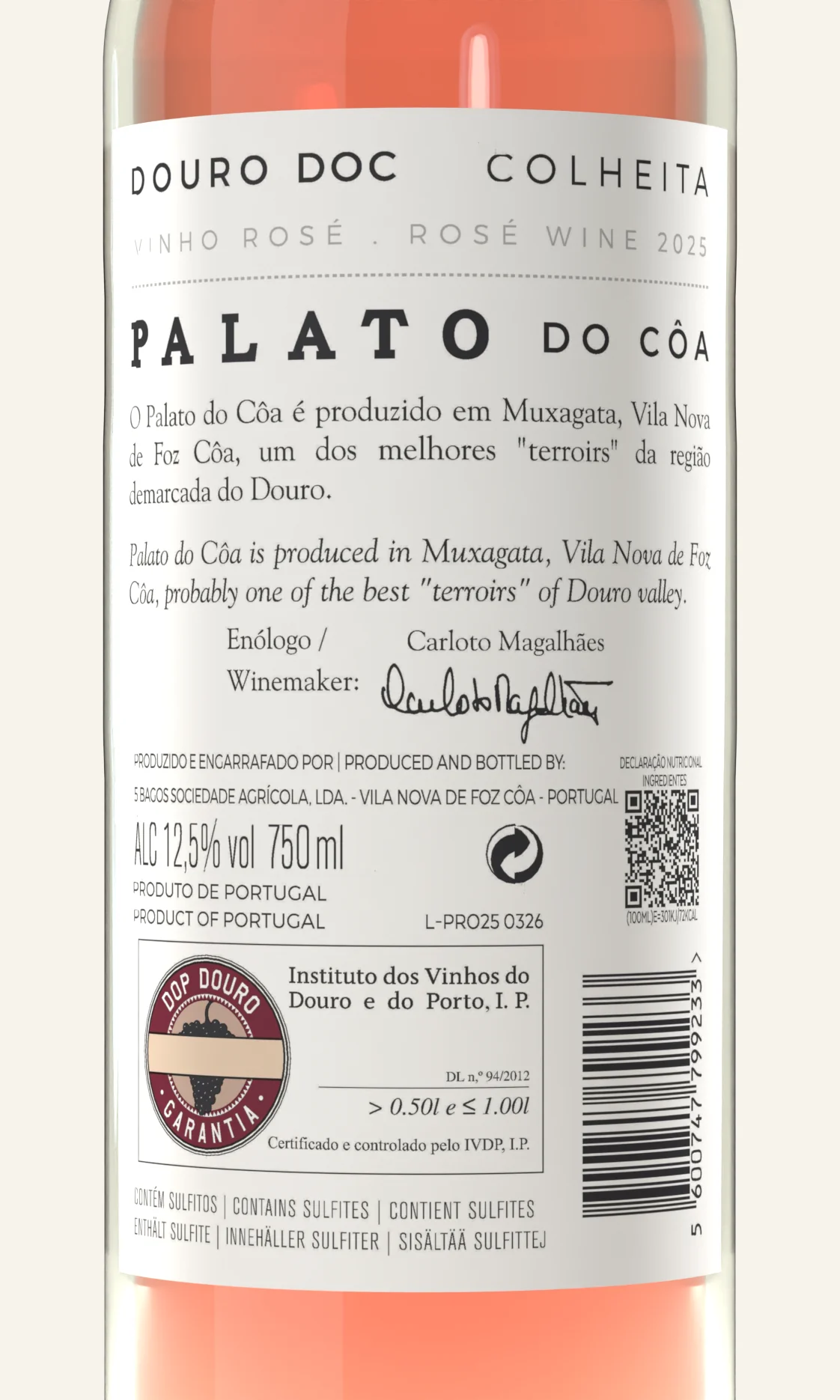Contra-rótulo do Palato do Côa Rosé, em plano aproximado
