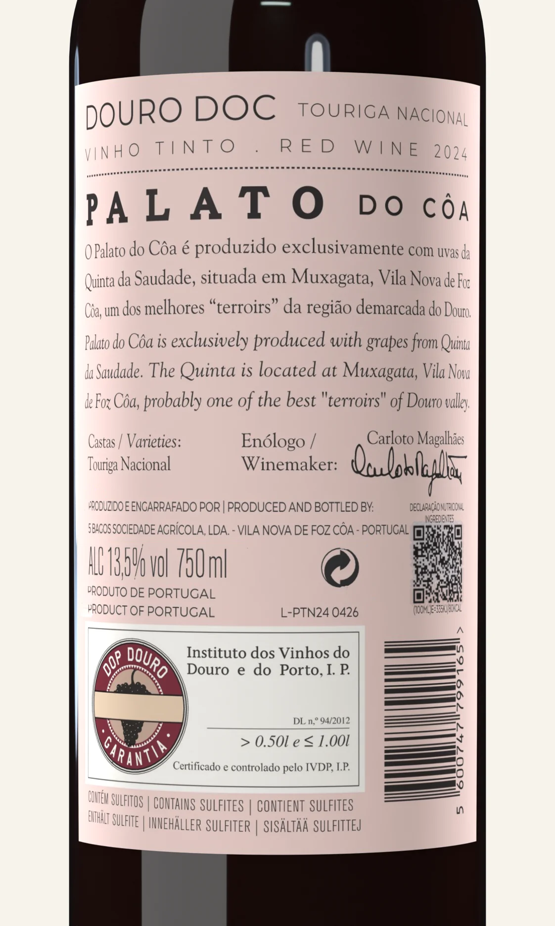 Palato do Côa Touriga Nacional back label, close up